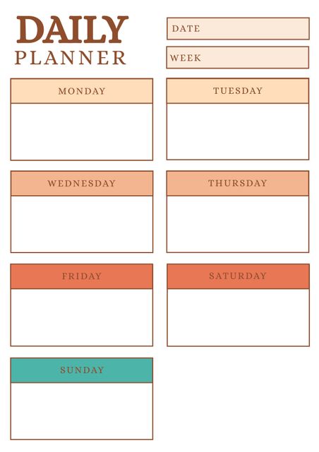 This colorful daily planner template features sections for each day of the week and spaces for the date and week number. Perfect for organizing tasks, meetings, and appointments, it is an ideal tool for enhancing productivity and time management. Great for use in personal planning, office settings, classrooms, and more.