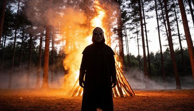 Hooded figure standing before giant bonfire in pine forest at twilight, ritual atmosphere