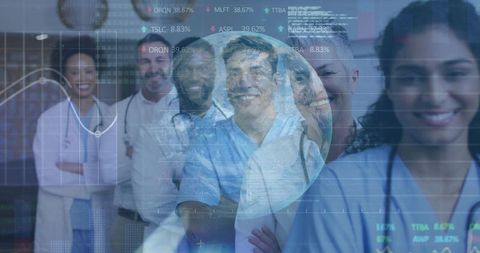 Healthcare team collaborating with digital globe and data overlay for global patient care