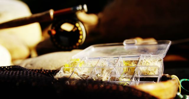 Perfect for illustrating outdoor fishing activities and hobbies, this image focuses on a tackle box filled with various fly fishing lures and a fishing rod in the background bathed in sunlight. The photo evokes tranquility and can be used for market content promoting fishing equipment, recreational outdoor activities, and tutorials on fly fishing techniques.