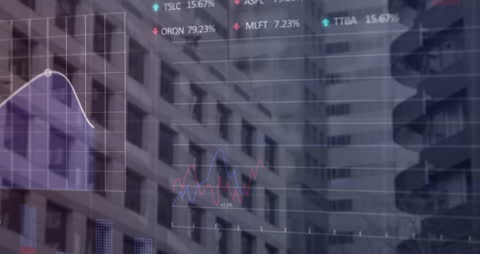 Digital Finance Data Overlay with Urban Cityscape Background