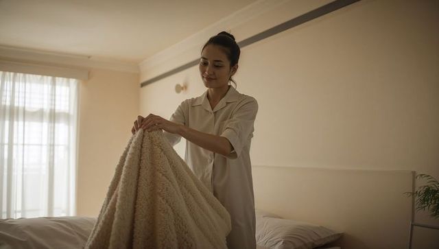 Woman arranging cozy fleece blanket on bed in serene bedroom with warm daylight for morning routine