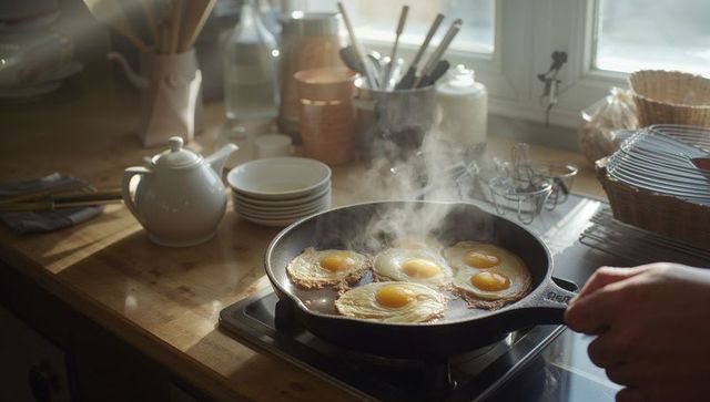 Frying five sunny-side-up eggs in cast-iron skillet on sunlit wooden countertop steaming