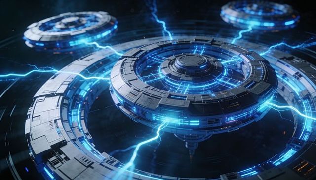Futuristic orbital energy ring network emitting blue lightning and glowing circuitry