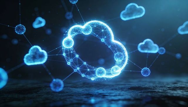 Neon Cloud Network Wireframe with Connected Nodes for Cloud Data Visualization