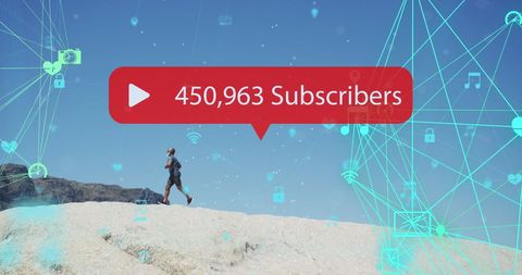 Man Running on Beach with Social Media Subscriber Count