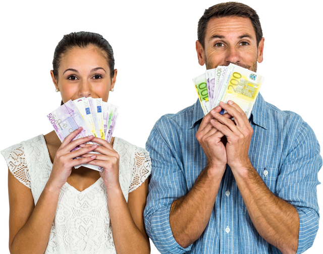 Excited Couple Holding Euro Bills Celebrating Wealth Success Transparent - Download Free Stock Videos Pikwizard.com