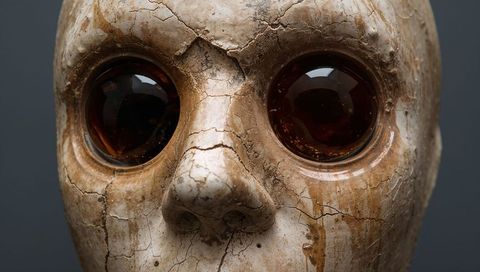 Worn carved mask showing crackled patina, varnish drips and glossy amber glass eyes