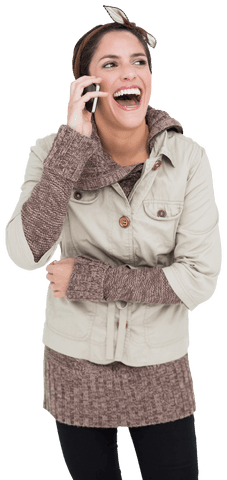 Happy Brunette Woman in Winter Fashion Talking on Smartphone Transparent