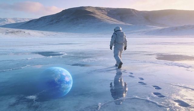 Astronaut walking across frozen expanse leaving footprints toward distant snowy horizon