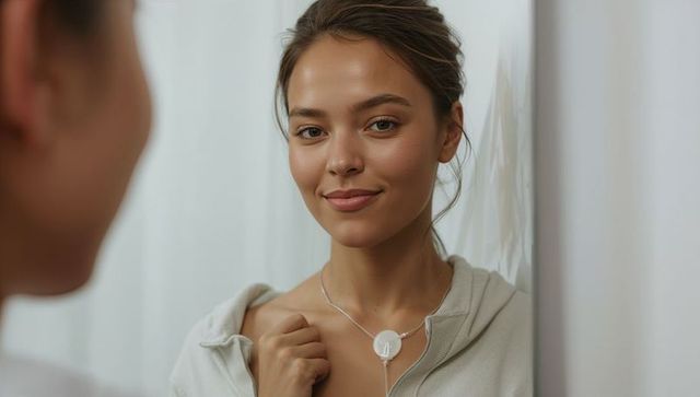 Young woman adjusting zip-up hoodie, showing round wearable medical pod, looking in mirror