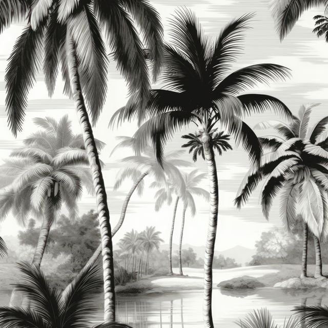 Beautiful depiction of a serene tropical landscape. Monochrome palm trees and reflective water create tranquil and exotic atmosphere. Ideal for wall art, background images, posters, or home decor visuals focused on nature and tropical themes.