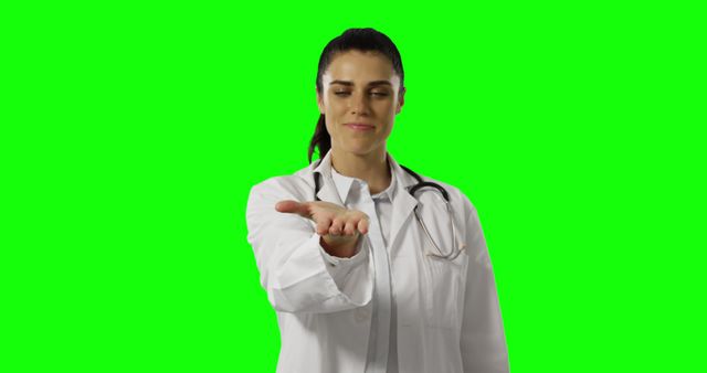 Female doctor standing against a green screen backdrop, holding hand out as if offering help. Ideal for medical promotions, healthcare-related content, or educational materials. Background easily replaceable for customizable applications.