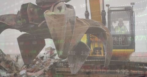 Excavator Amidst Digital Data Overlay Reflecting Global Industry