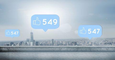 Social Media Reactions Icons Over Urban Cityscape