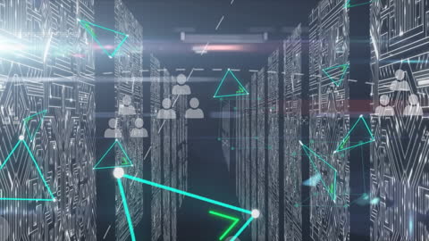 Digital Network with Media Icons in Futuristic Server Room