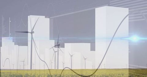 Wind turbines over yellow crops with data visualization overlays