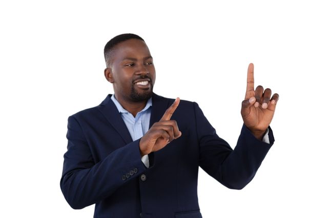Businessman in a suit smiling and forming a finger frame gesture against a white background. Ideal for use in corporate presentations, business websites, leadership training materials, and promotional content highlighting professionalism and confidence.