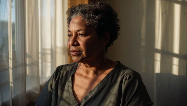 Thoughtful mature woman gazing out window in sunlit room with sheer curtains