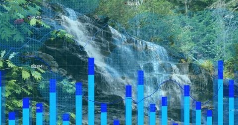 Nature and Data Fusion with Waterfall and Blue Chart Overlay