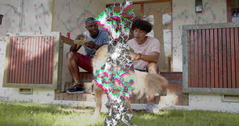 Young friends petting dog on front porch with vibrant digital glitch summer lifestyle