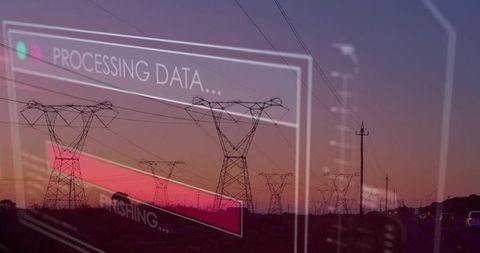 Processing data hud overlaid on transmission towers at dusk for smart grid monitoring
