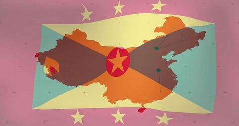 Minimalist stylized national map with diagonal dark x, red emblem and location pins