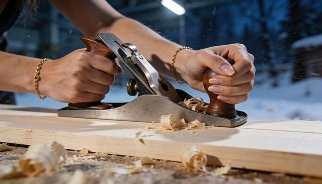Close-up hands smoothing wood with vintage metal hand plane creating fine shavings