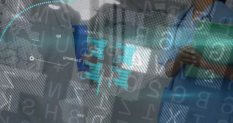 Doctors in Scrubs Analyzing Holographic Data Map with Tablet