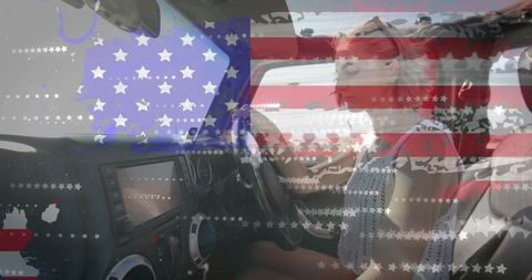 Sunlit woman buckling seatbelt while driving, american flag double exposure overlay