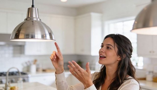 Woman inspecting stainless pendant lamp over bright minimalist kitchen island