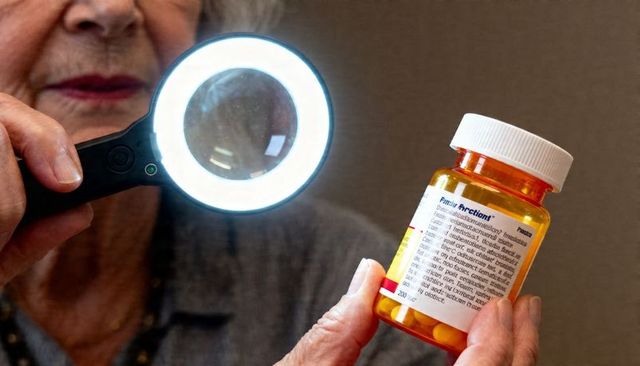 Senior reading prescription bottle with led magnifier for safe medication management daily