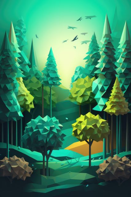 Green origami landscape with trees and birds, created using generative ai technology. Orgiami art, scenery, nature and pattern concept digitally generated image.
