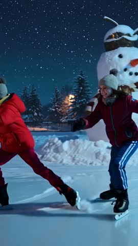 Nighttime siblings skating and holding hands gliding past snowman on frozen pond