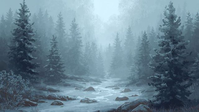Misty evergreen creek winding through frosted conifer forest, foggy boreal landscape