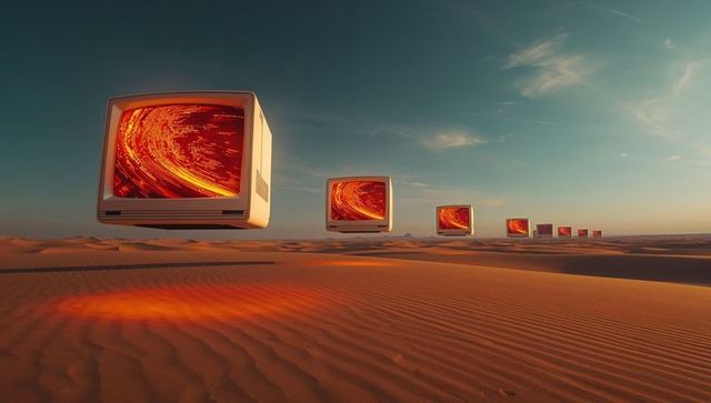 Floating Vintage CRT Monitors Casting Orange Vortex Over Rippling Desert Dunes Golden Hour