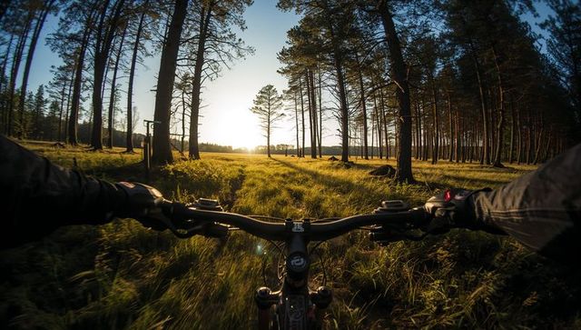 First-person mountain biking through sunlit pine forest toward golden grassy meadow