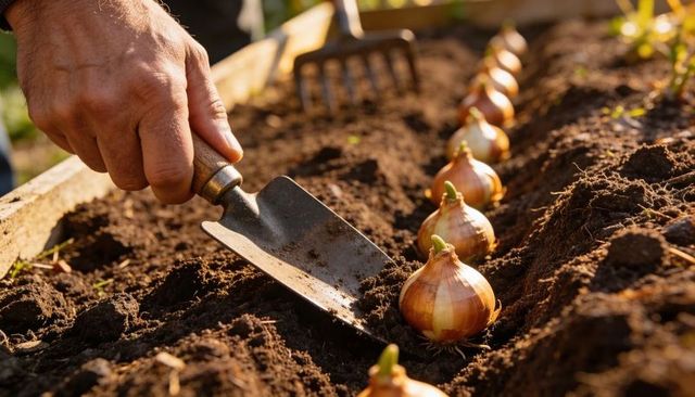 Hands planting onion bulbs in raised bed with trowel and rich soil sunlight close-up
