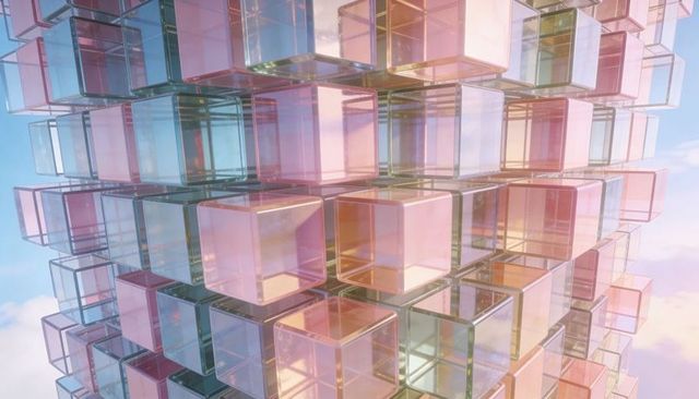 Floating translucent glass cubes creating pastel architectural grid in sunlight