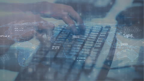 World Map Overlay on Typing Hands with Data Graphics