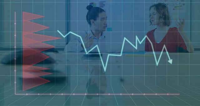 Business professionals analyzing market trends with dynamic graph overlays