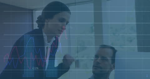 Analyzing Financial Data Overlay on Professionals in Modern Office