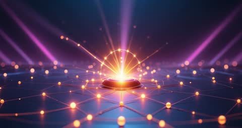 Futuristic Neon Energy Node Emitting Glow from Digital Grid