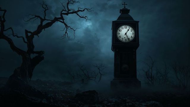 Mysterious antique clock in foggy night forest