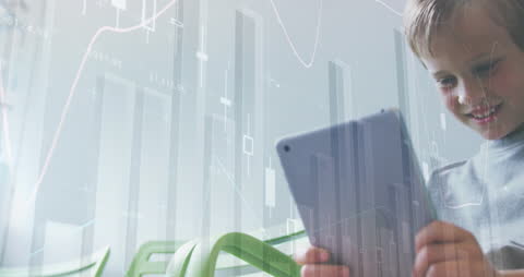 Child Engaging with Technology Amidst Digital Data Interface