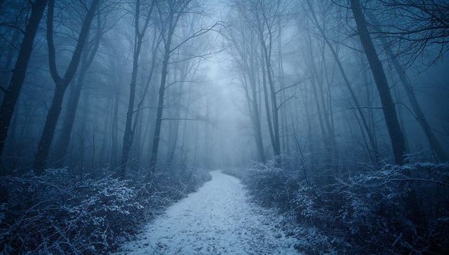 Frosty trail winding through mystical winter forest landscape