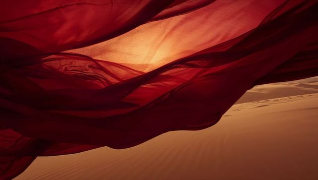 Red translucent fabric flowing over glowing sand dunes