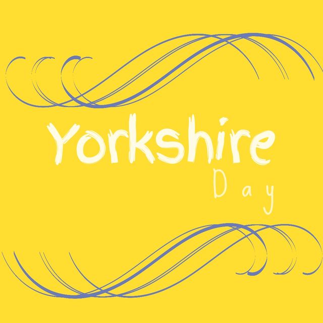 Illustrative image of yorkshire day text and designs against yellow background, copy space. vector, patriotism, celebration, freedom and identity concept.