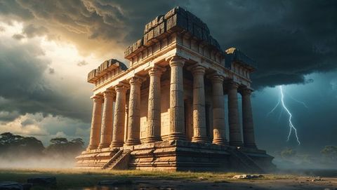 Majestic ancient god temple under stormy skies in open grassland