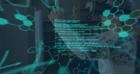 Woman Experiencing Virtual Reality Amidst Digital Data Overlay